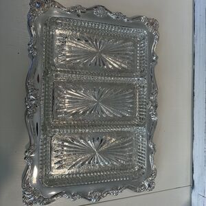 Vtg Oneida Silverplate Chippendale Relish Tray 3 Crystal Liners